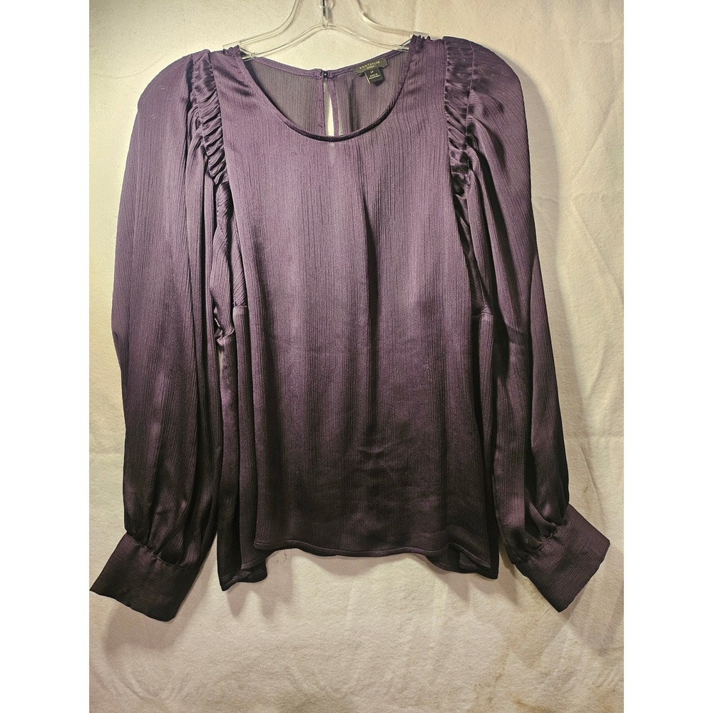 Ann Taylor Petite Purple Sheer Pleated Ruffle Shoulder Blouse 4002 LP